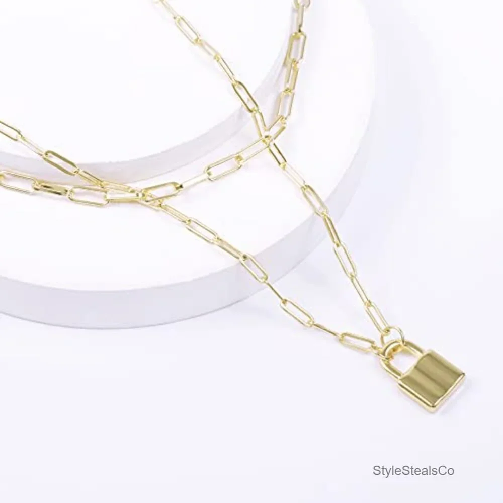 14K Gold Plated Lock Necklace Layered Chain Pendant Jewelry for Kids